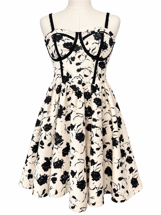 Unbranded Dresses & Skirts - Ivory Black Floral Corset Bustier Fit & Flare Skater Dress